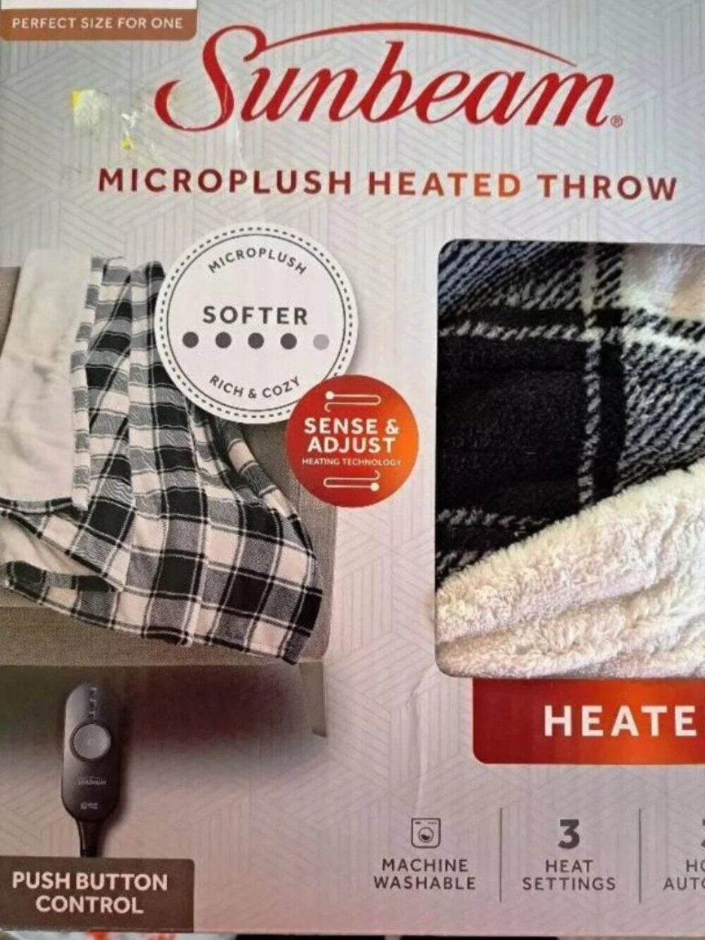Sunbeam Microbrush HeatedThrow, Black Buffalo Checker 50" x 60 - New